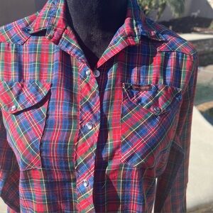 Women's Western Plaid Button Down Shirt - Red and Blue